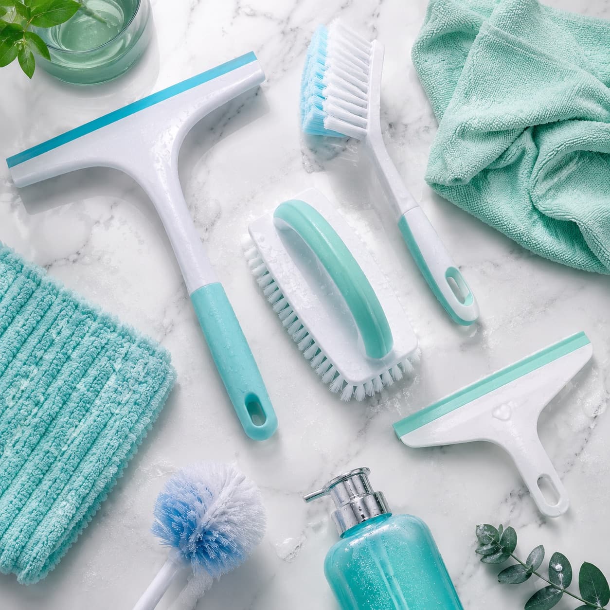 A flat lay of premium bathroom cleaning tools
