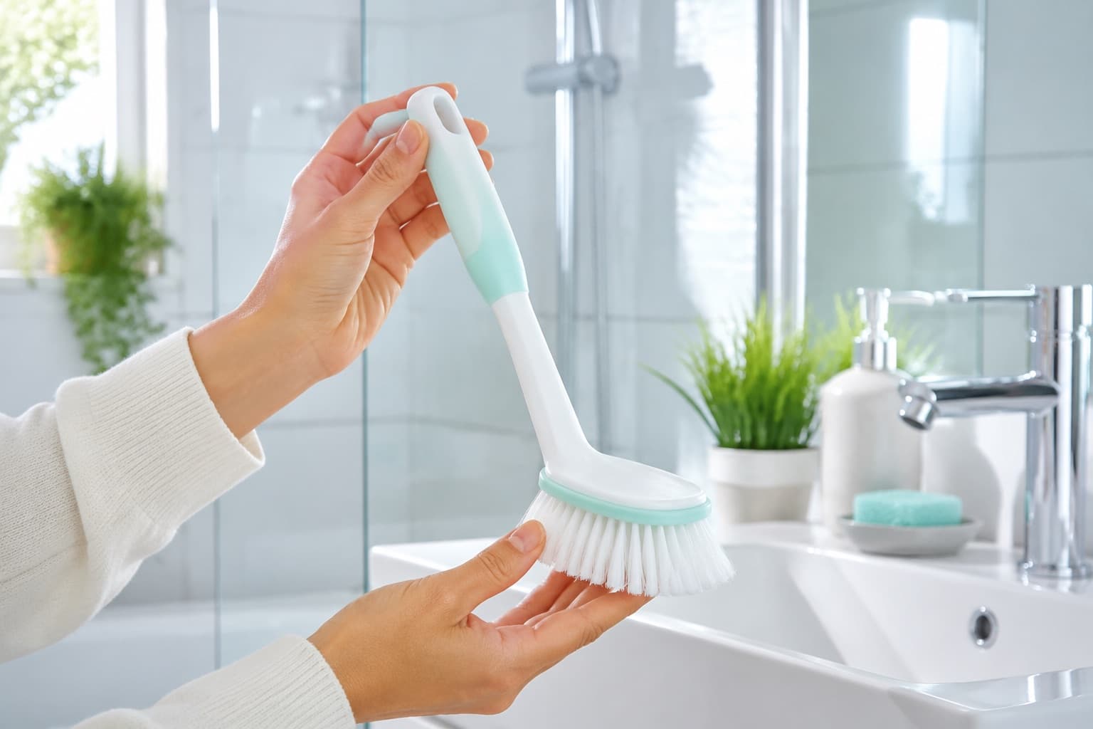 Quality bathroom cleaning tools in a bright bathroom