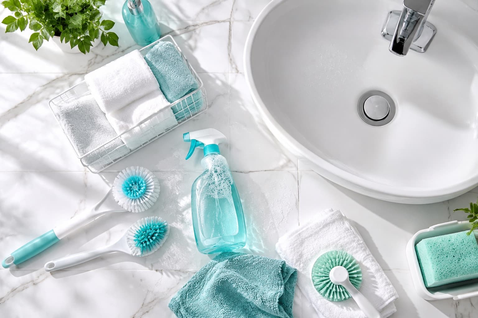 A sparkling clean bathroom with cleaning tools
